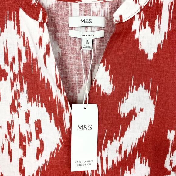 M&S Womens Linen Rich Printed V-Neck Tunic Dress 3/4 Sleeves Sienna Red Size 8 - Picture 12 of 15